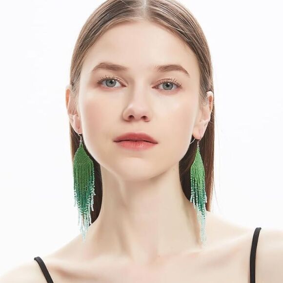 Green Bohemian Seed Bead Tassel Dangling Statement French Wire Hook Earrings - Picture 6 of 7